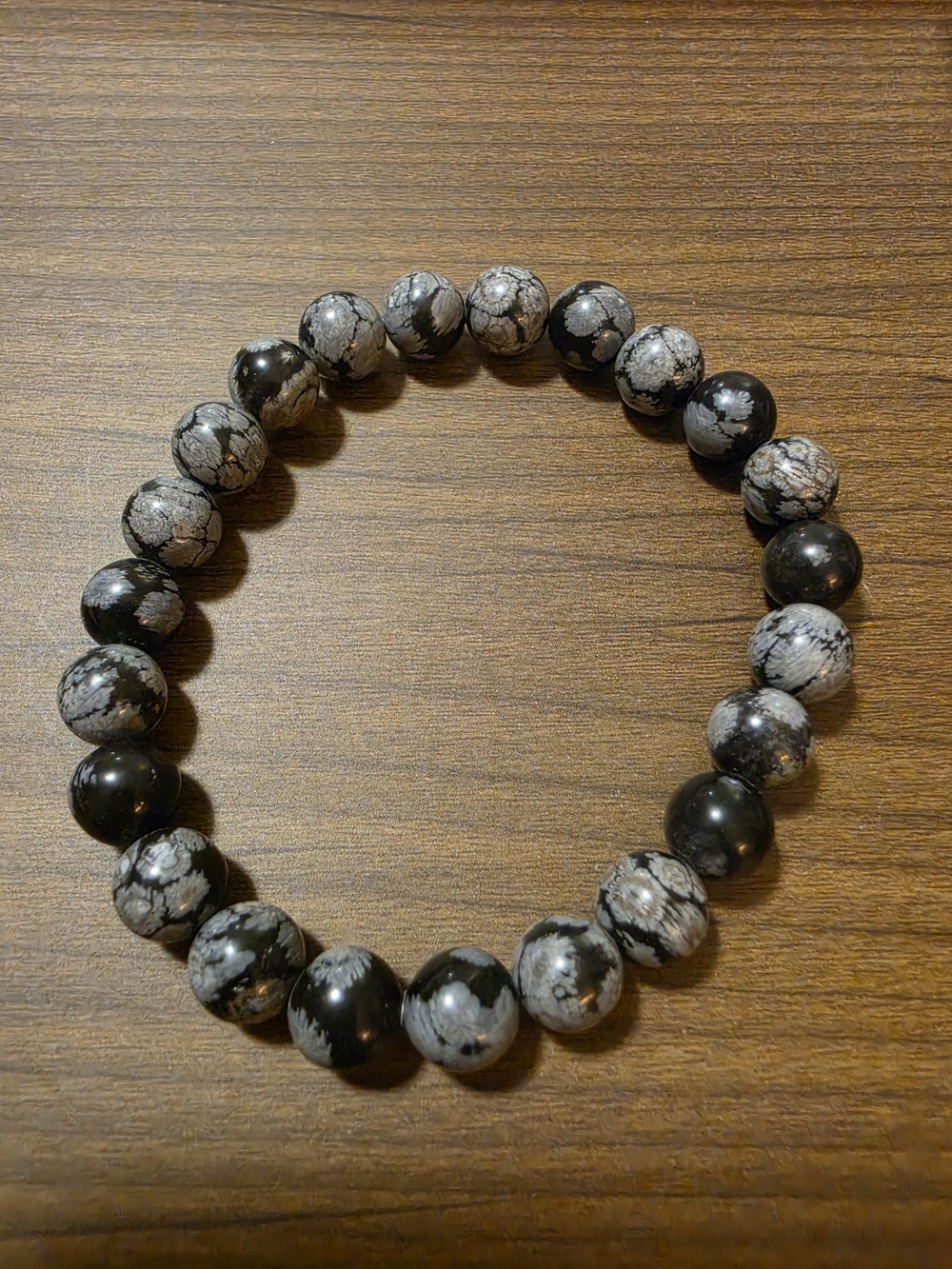 Snowflake Obsidian Beaded Stretch Bracelet - Black & Gray